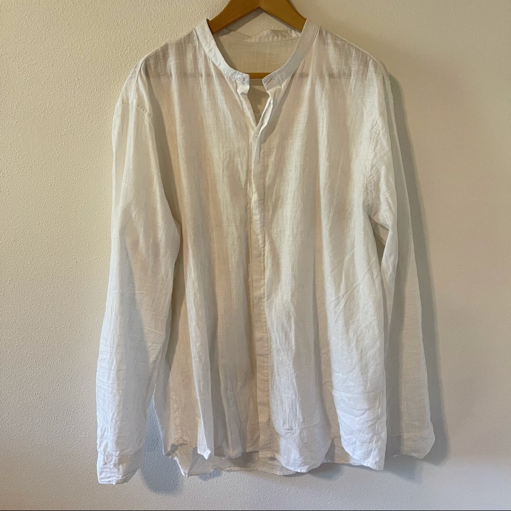 Flax Cotton Blend Hidden Button Placket Banded Collar Longline Tunic White-2X